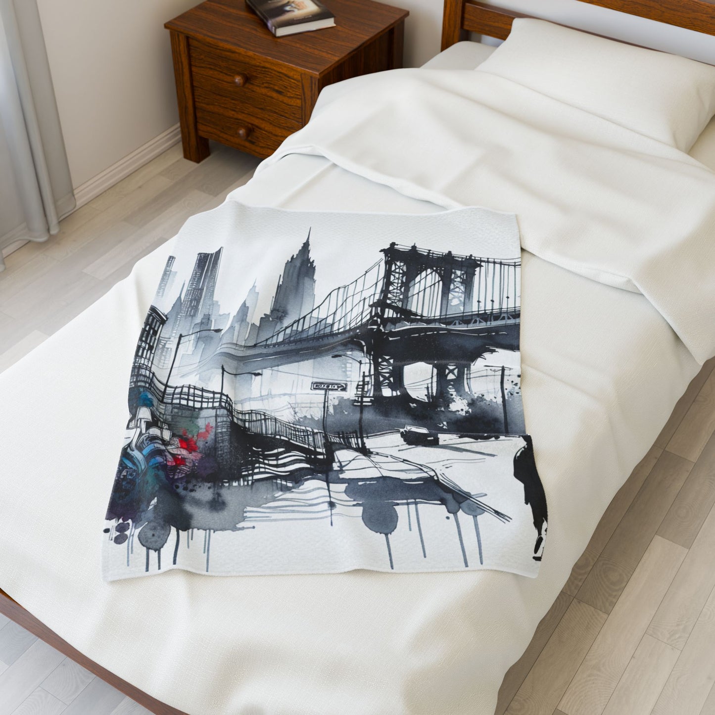 Bridge and Cityscape in Ink and Paint - Plush Blanket