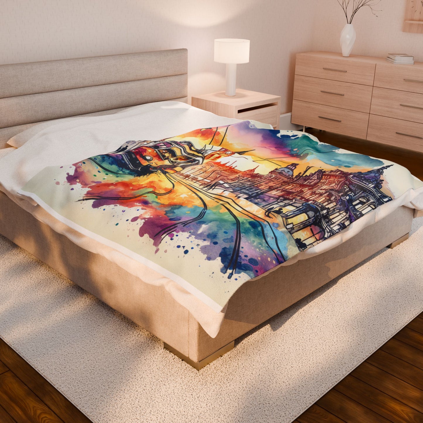 Tramway Journey Through Artistic Streets - Plush Blanket