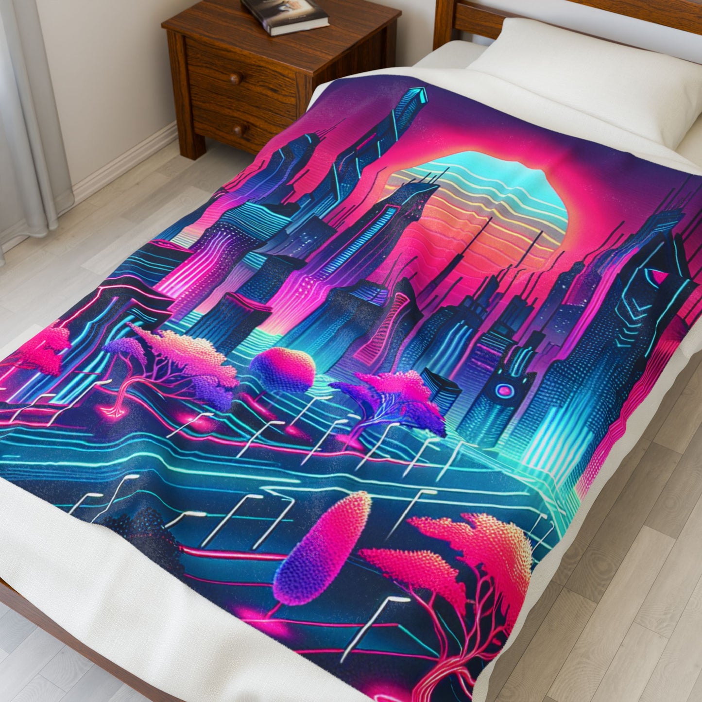 Futuristic Neon Metropolis - Plush Blanket