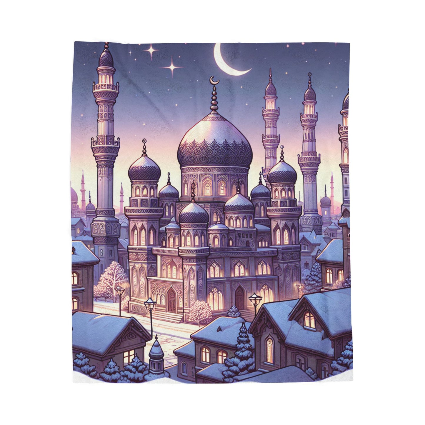 Mystic Evening in a Snow-Clad Town - Plush Blanket
