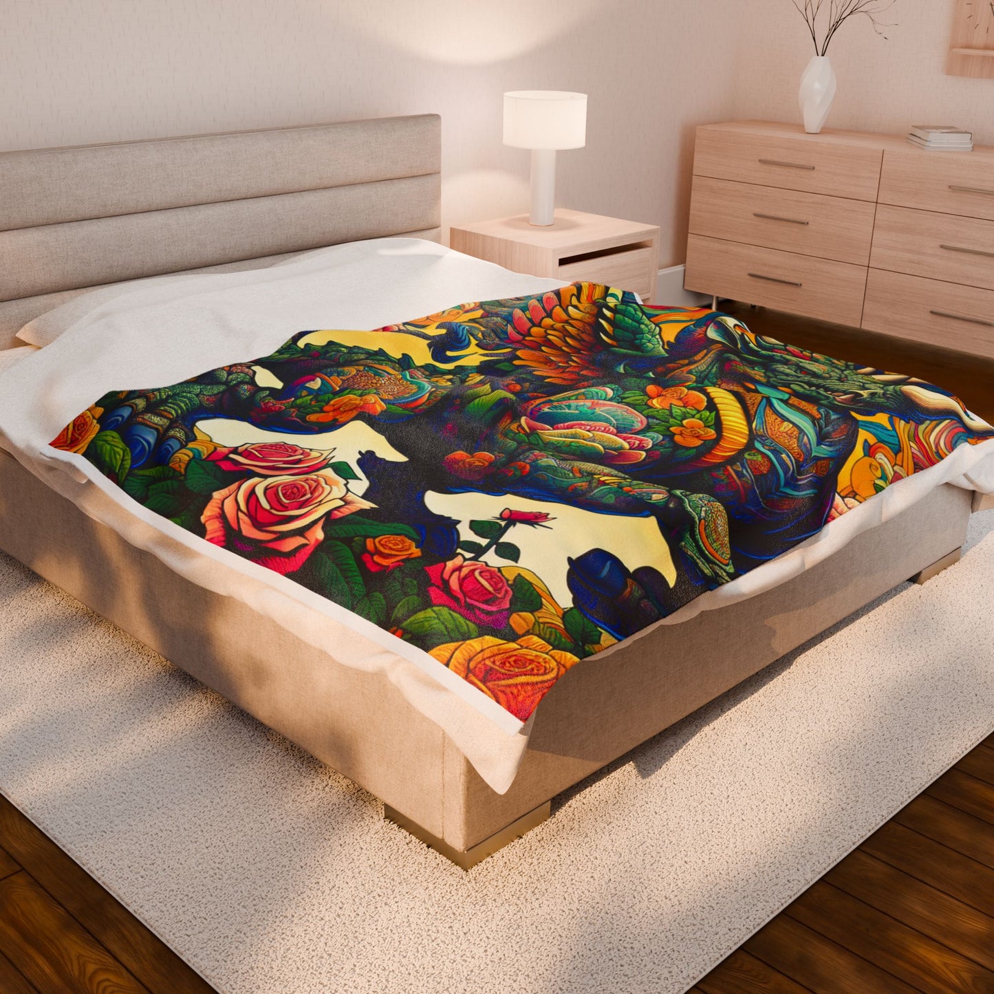 Winged Guardian in Blooming Splendor - Plush Blanket