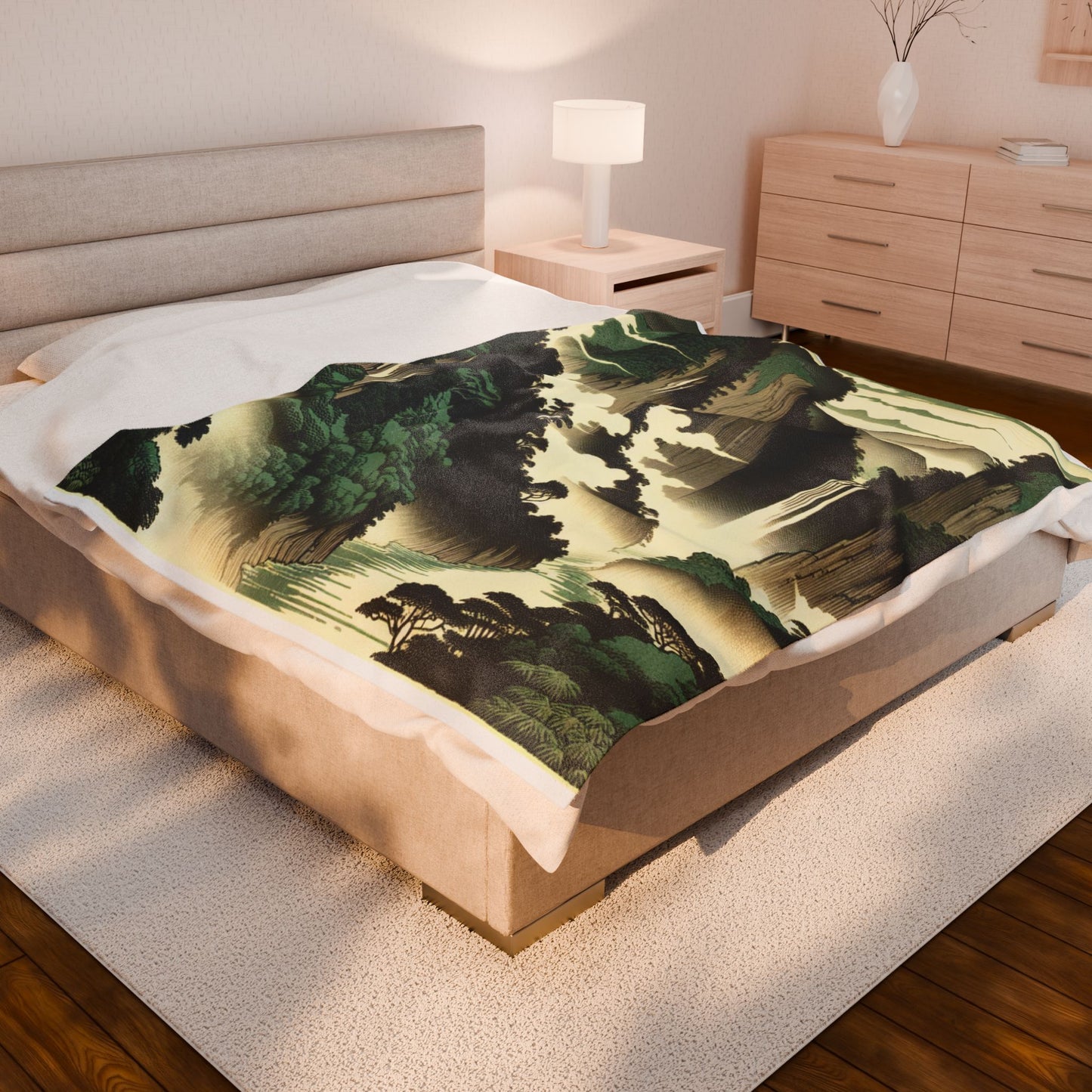 Majestic Cliffs and Waterfall Scene - Plush Blanket