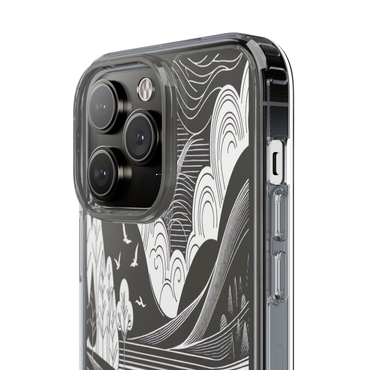 Transparent Black and White Landscape Illustration Iphone Case Compatible With Iphone 16 15 14 - Clear Phone Cover