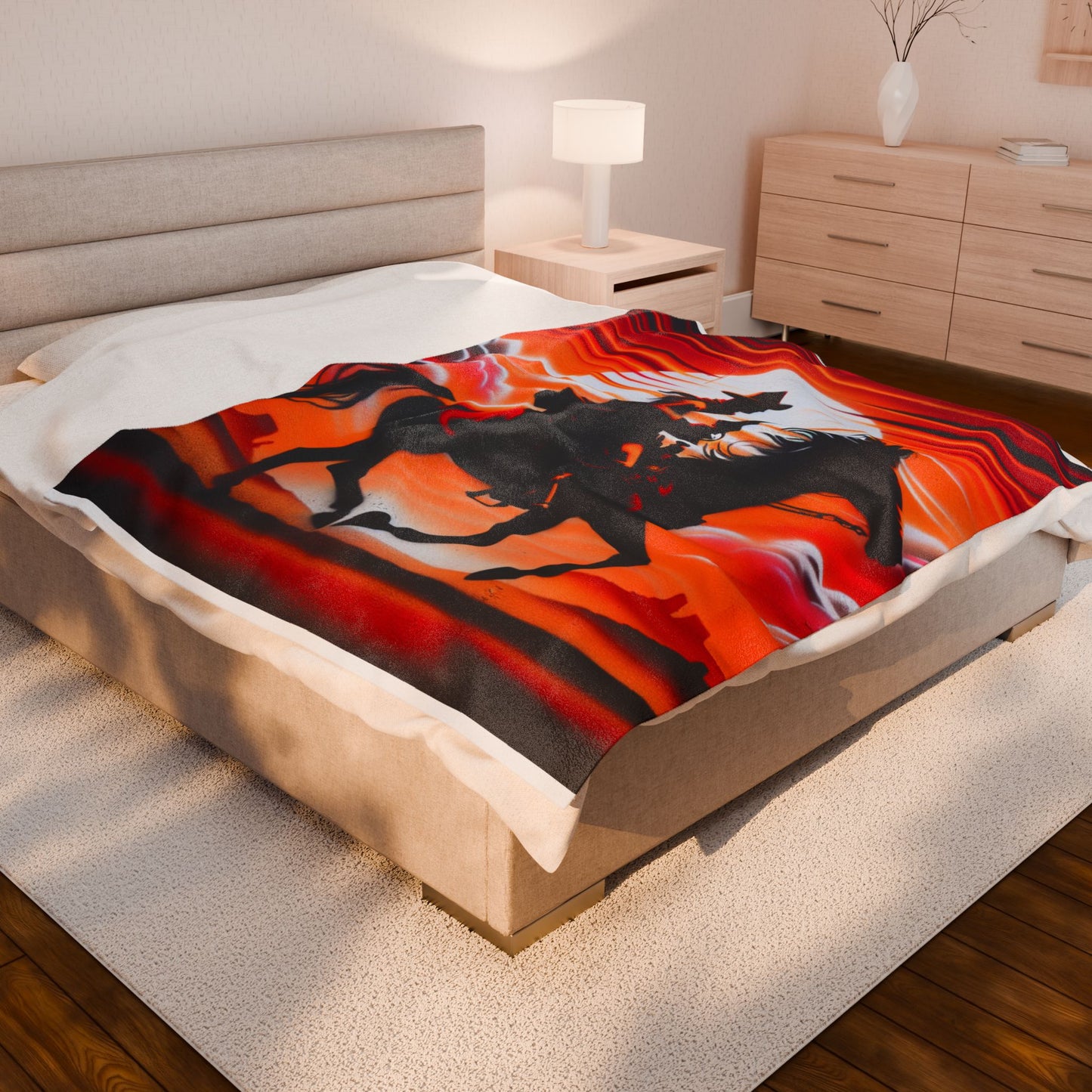 Rider in Fiery Landscape - Plush Blanket
