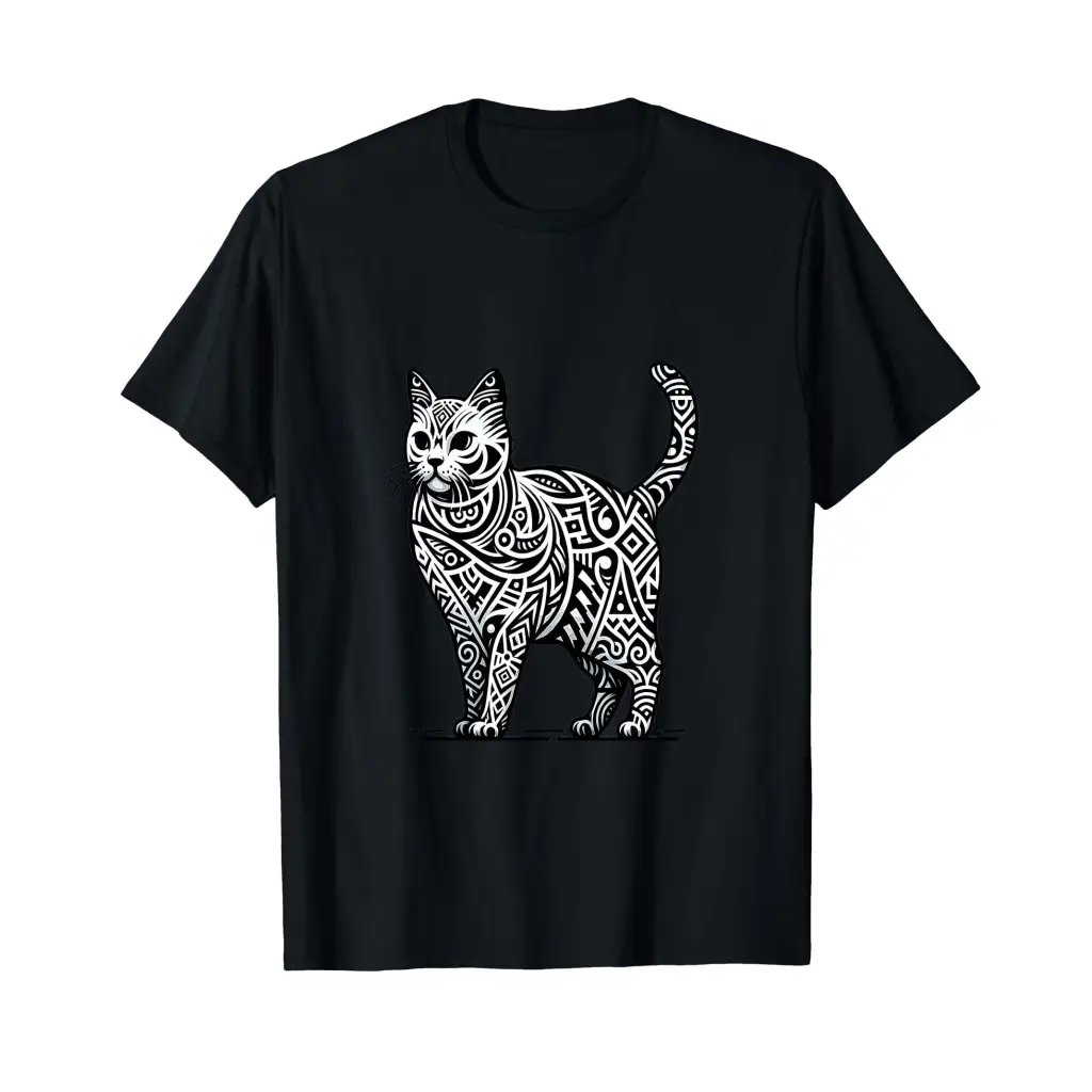 Black and White Tribal Pattern Cat Standing on Hind Legs T