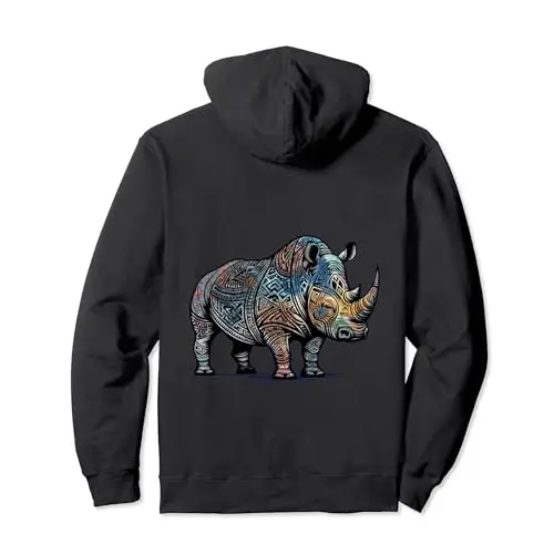 Colorful Funny Tribal Style Rhino Pullover Hoodie Apparel