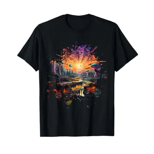 Cosmic Mushrooms: Surreal Sunset Wilderness T Shirt Apparel
