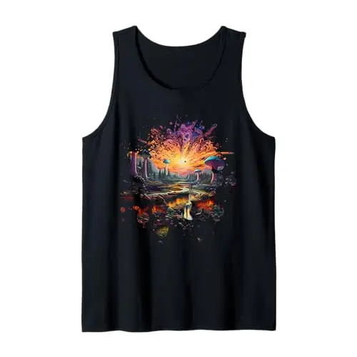 Cosmic Mushrooms: Surreal Sunset Wilderness Tank Top Apparel