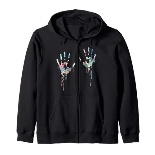 Imprint of Expression: Vibrant Dripping Hands Zip Hoodie