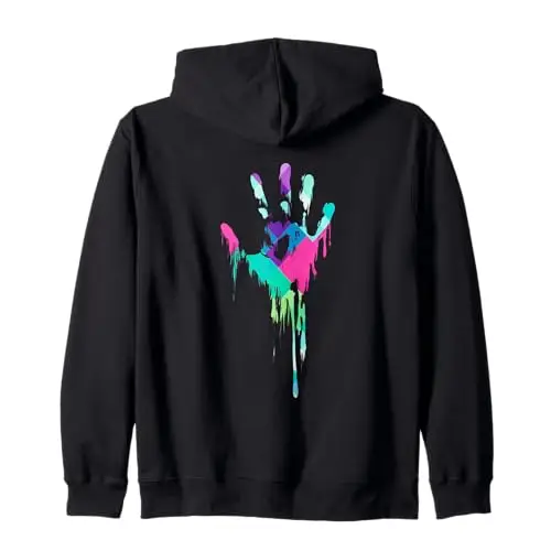 Melting Spectrum: Dripping Handprint Zip Hoodie Apparel