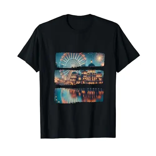 Nighttime Cityscape: Ferris Wheel & Fireworks T Shirt
