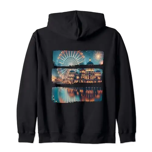 Nighttime Cityscape: Ferris Wheel & Fireworks Zip Hoodie