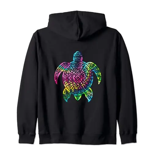 Ocean Odyssey: Tie Dye Tribal Tides Sea Turtle Zip Hoodie