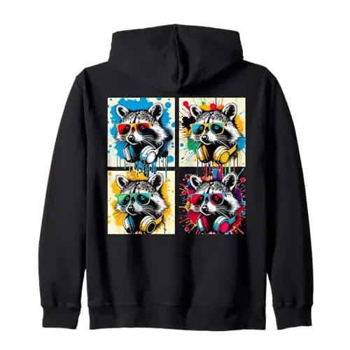 Raccoon Riot: Urban Beats and Street Colors Zip Hoodie
