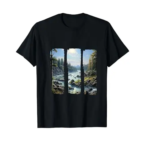 Rocky Banks Tall Evergreens and a Gentle Flowing River. T