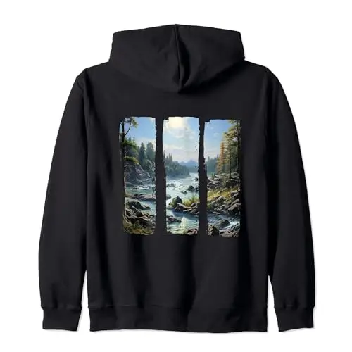 Rocky Banks Tall Evergreens and a Gentle Flowing River. Zip