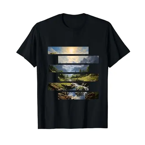 Serene Mountain Landscape Design with Waterfall T Shirt