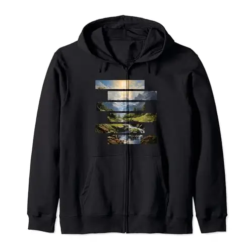 Serene Mountain Landscape Design with Waterfall Zip Hoodie