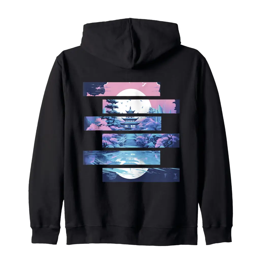 Serenity in Stripes: Tranquil Temple at Twilight Zip Hoodie