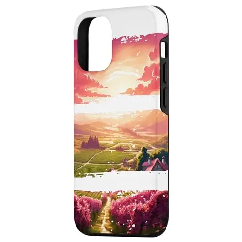 Sunset Valley Landscape Painting with Vineyard and Pathway