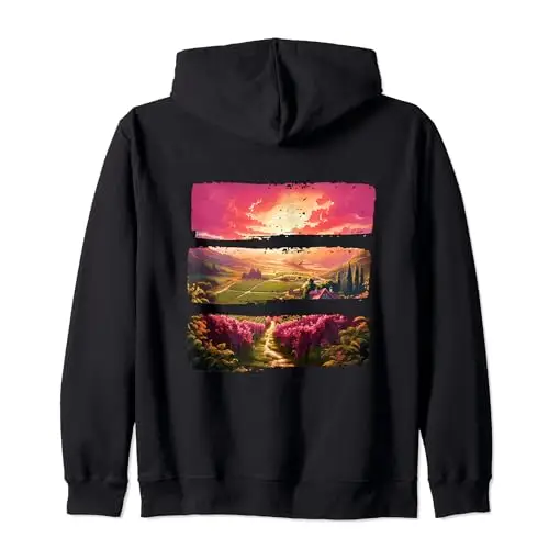 Sunset Valley Landscape Painting with Vineyard and Pathway