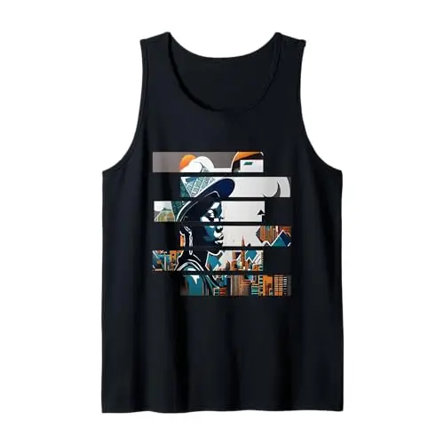 Urban Elegance: Cityscape in Stripes Tank Top Apparel