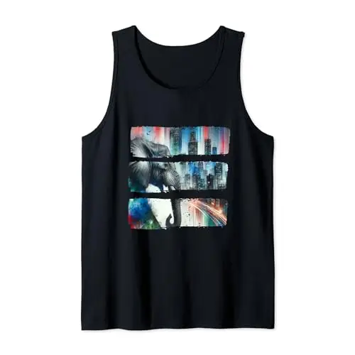 Urban Majesty: Elephant Against Vibrant Skyline Tank Top