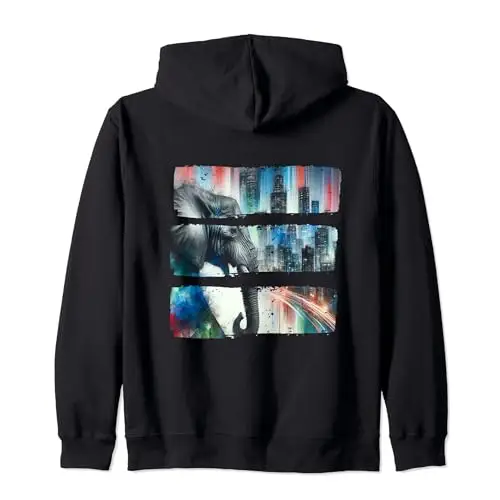 Urban Majesty: Elephant Against Vibrant Skyline Zip Hoodie