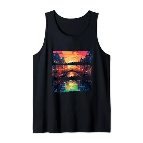 Urban Sunset and City Lights at Dusk Over the Canal Tank