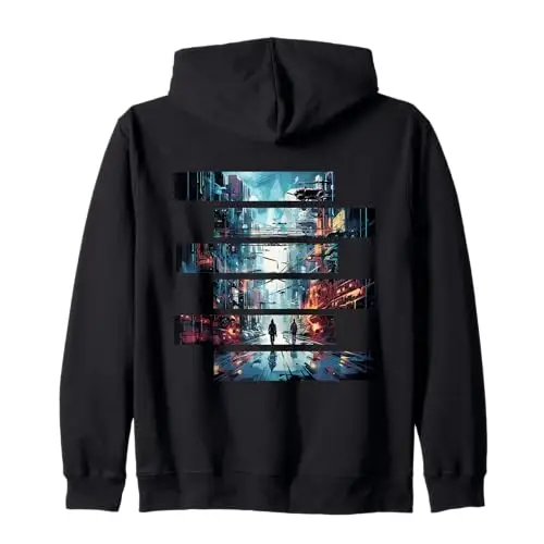 Vibrant Echoes: Stroll Through the Cyber City Zip Hoodie