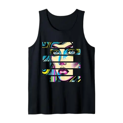 Vibrant Gaze: Fragmented Pop Beauty Tank Top Apparel