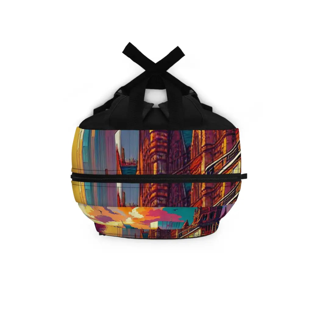 Victorian Cityscape with Tram and Vibrant Lights Backpack