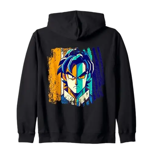 Warrior’s Determination: Grunge Anime Portrait Zip Hoodie