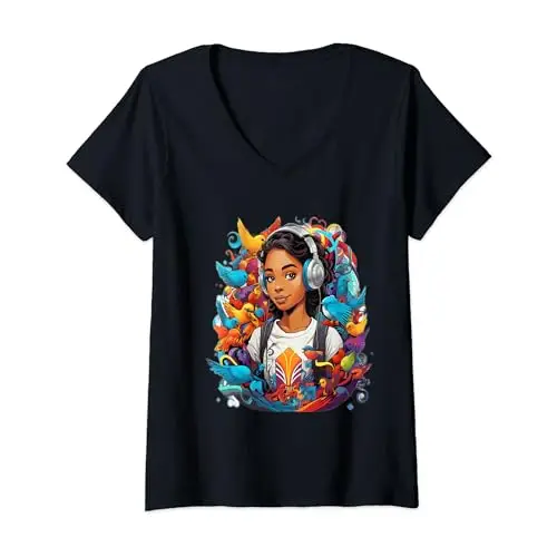 Womens A Melanated Girl Amidst a Sea of Colorful Birds V