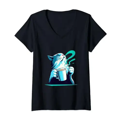 Womens Aromatic Bliss: Coffee Cat Enjoying the Moment V