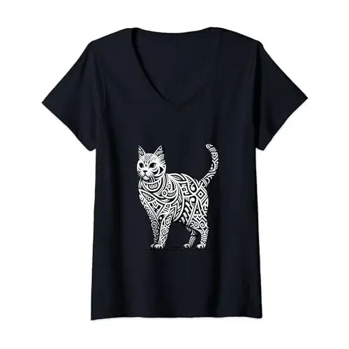 Womens Black and White Tribal Pattern Cat Standing on Hind