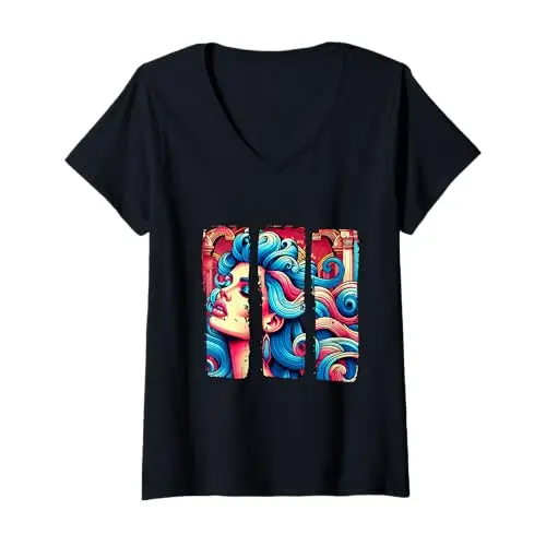 Womens Chromatic Comic Style Dramatic Dreamscape V Neck T