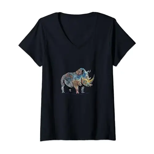 Womens Colorful Funny Tribal Style Rhino V Neck T Shirt