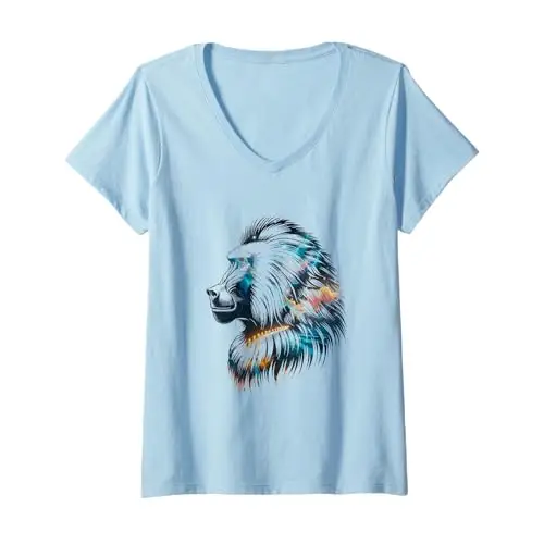 Womens Cosmic Guardian: The Celestial Baboon V Neck T Shirt