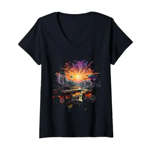 Womens Cosmic Mushrooms: Surreal Sunset Wilderness V Neck T