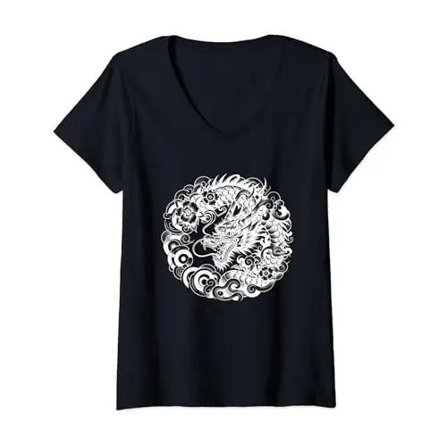 Womens Dragon and Flowers V Neck T Shirt Apparel