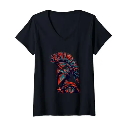 Womens Dynamic Spartan Warrior Side Profile V Neck T Shirt