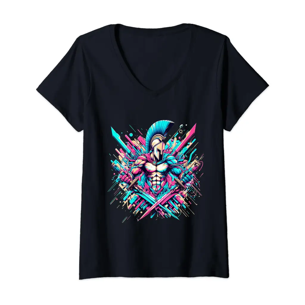 Womens Epic Spartan Warrior with Dual Swords V Neck T Shirt