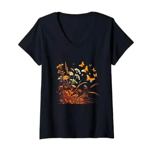 Womens Fields of Radiance: Dance the Butterflies V Neck T