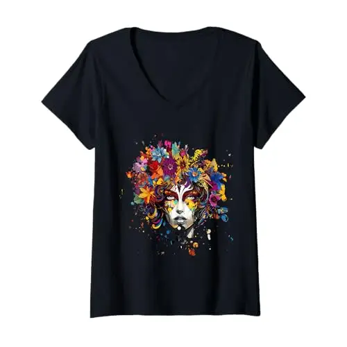 Womens Floral Muse: Vibrant Expressions of Nature V Neck T