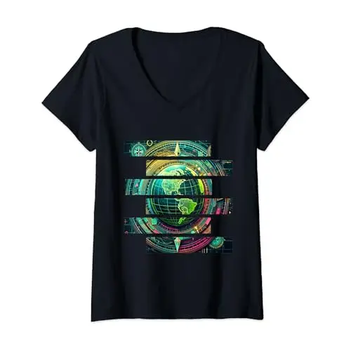 Womens Futuristic Techno World Globe V Neck T Shirt Apparel