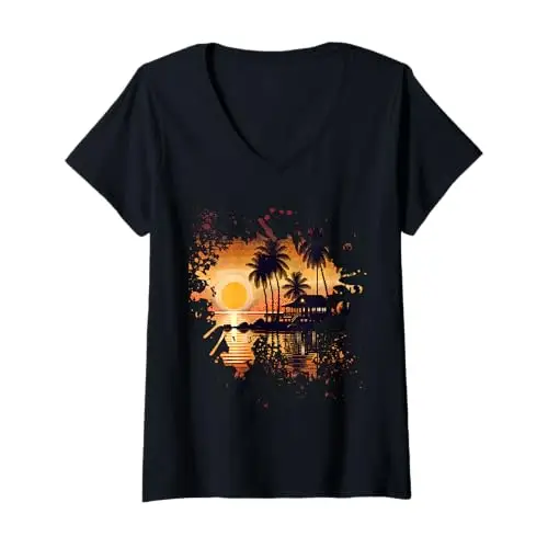 Womens Golden Horizon: Sunset Serenity V Neck T Shirt