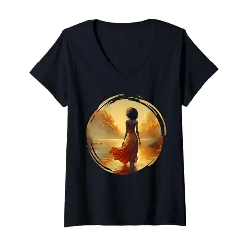 Womens Golden Serenity: Embracing the Sunset V Neck T Shirt