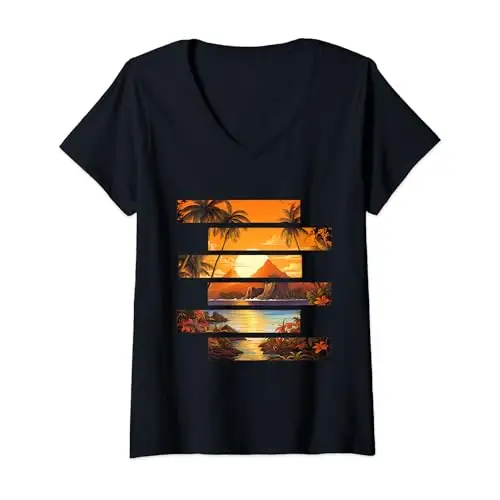 Womens Golden Tropica Island Sunset Paradise V Neck T Shirt