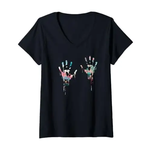 Womens Imprint of Expression: Vibrant Dripping Hands V Neck